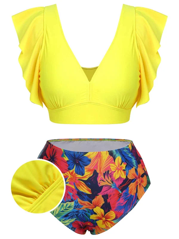 UV-protective swimsuit[Plus Size] Yellow 1940s Ruffles Floral Swimsuit