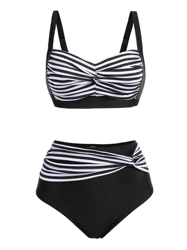 swimsuit with a high waistband1950s Stripe Twisted Patchwork Strap Swimsuit