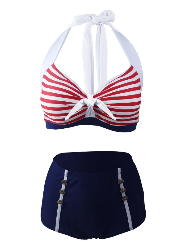 chlorine-resistant swimsuitNavy Red 1950s Stripe Halter Bikini