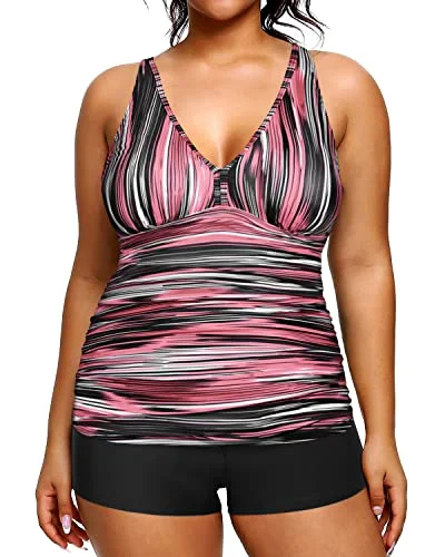 UV-protective swimsuitTwo Piece Plus Size Tankini Swimsuits Shorts Tummy Control Bathing Suits-Pink Stripe