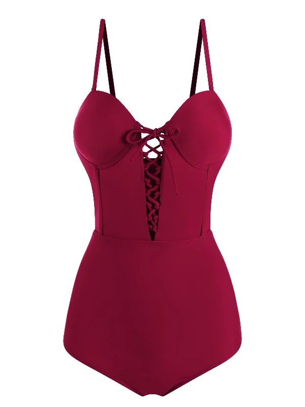 two-piece swimsuitWine Red 1960s Solid Spaghetti Strap One-piece Swimsuit