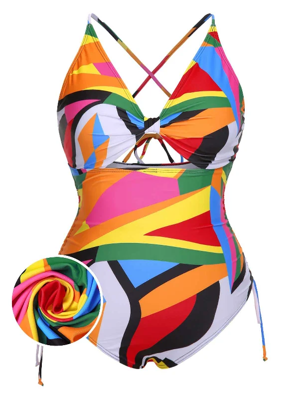 monokini swimsuit[Plus Size] Multicolor 1940s Print One-Piece Swimsuit