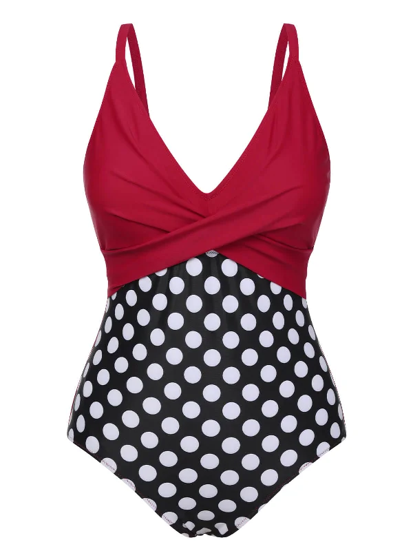 one-piece swimsuitRed 1960s Polka Dot Patchwork Swimsuit