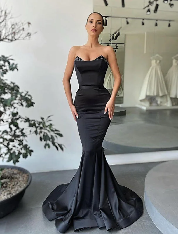 Plus-size dresses for womenMermaid / Trumpet Evening Gown Sexy Dress Formal Floor Length Sleeveless Strapless Satin Backless with Beading