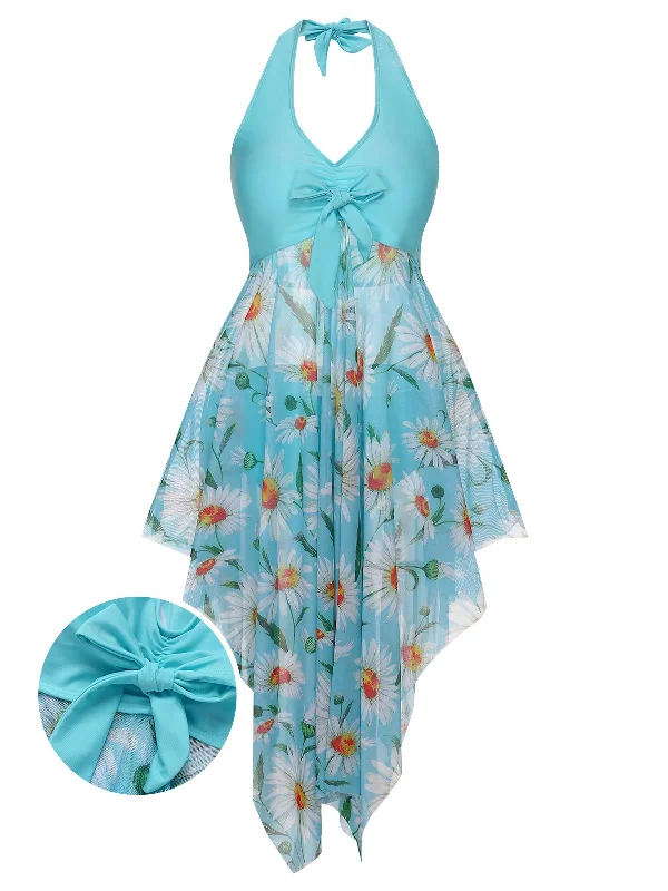 swimsuit with skirt overlay[Plus Size] 1930S Daisy Bow Halter Skirt Swimsuit