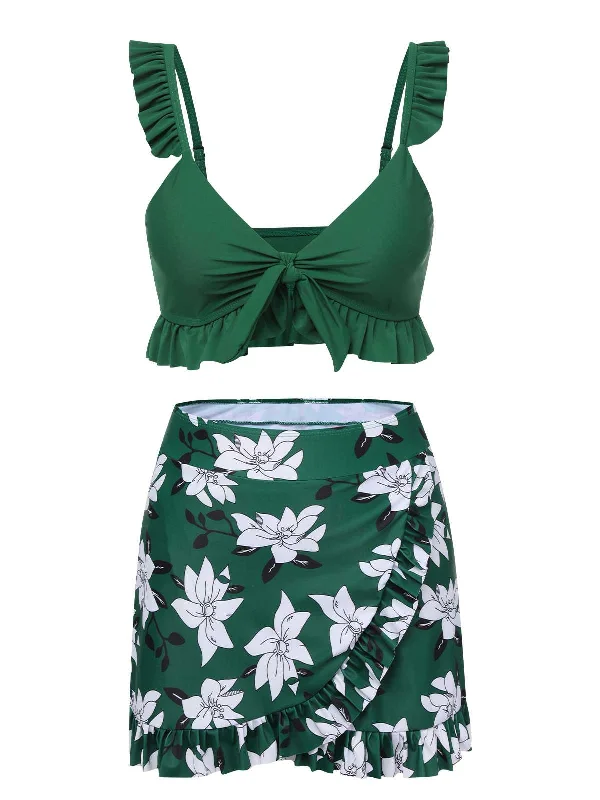 silicone swimsuitGreen 1960s Strap Floral Ruffles Swimsuit