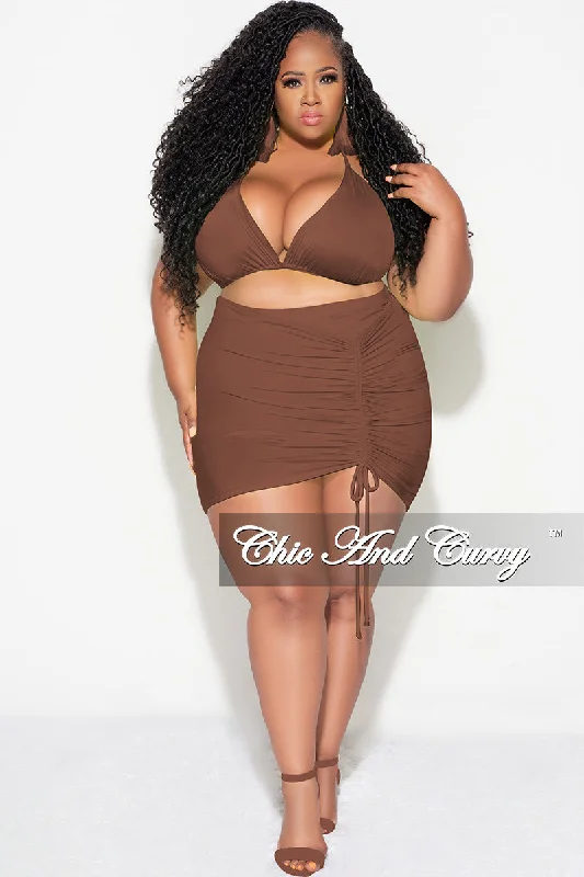 swimsuit for figure skating (on ice)Final Sale Plus Size 3pc Set Bikini Top, Briefs & Ruched Skirt in Brown Summer