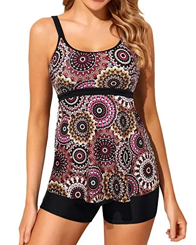 swimsuit for open water swimmingTwo Piece Tankini Bathing Suits For Women Swimwear Boy Shorts-Brown Print