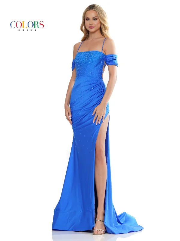 Denim dresses for womenColors 3158 Long Off Shoulder Formal Fitted Satin Prom Dress