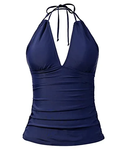 swimsuit with a keyhole backSexy Deep V Neck Ruched Tankini Tops For Women Swimwear-Navy Blue