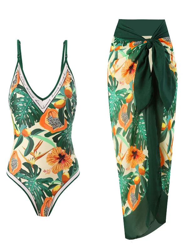 swimsuit for mermaid performances1950s Tropical Print One-Piece Swimsuit & Cover-Up