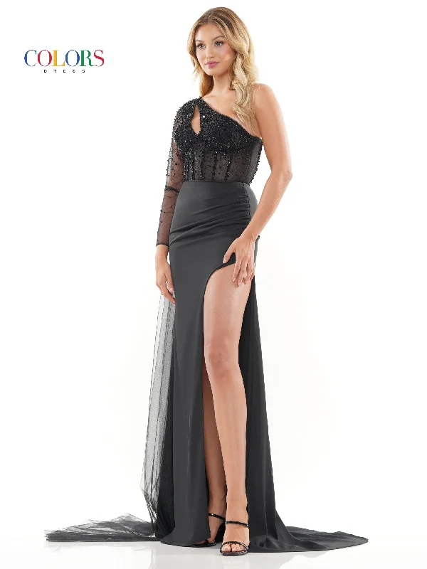 Embroidered dresses for womenColors 3164 Formal Long One Shoulder Beaded Mesh Prom Dress