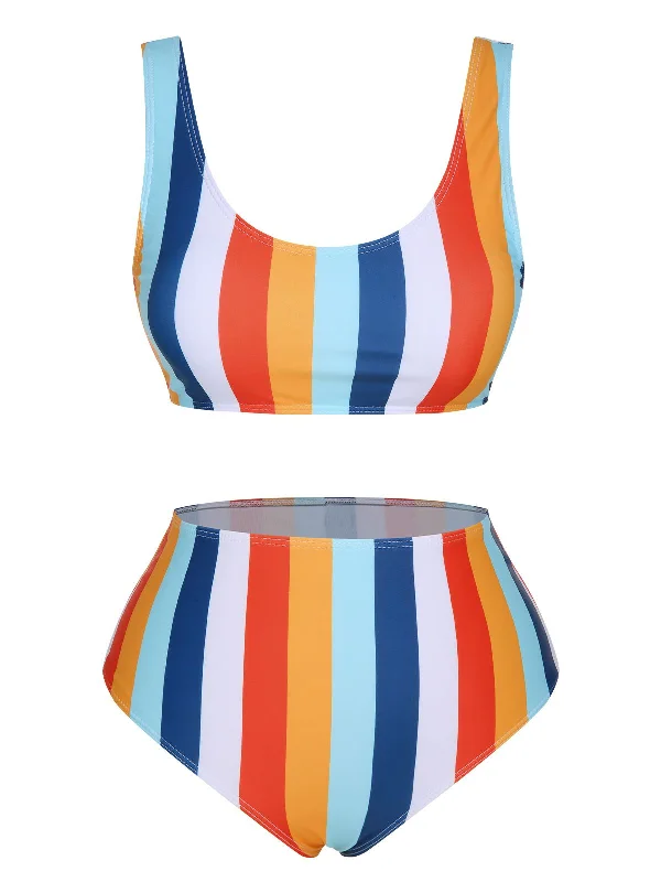 swimsuit with a vintage charm1930s Scoop Neck Rainbow Striped Swimsuit Set