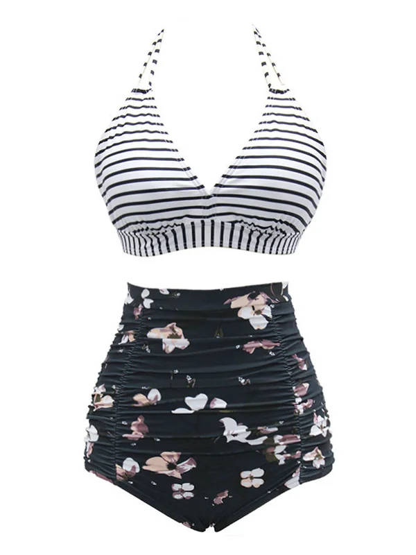 modern swimsuitBlack 1950s Halter Floral Stripes Swimsuit