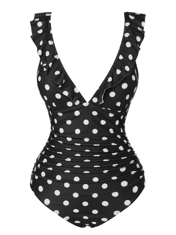 swimsuit for special occasionsBlack 1950s Polka Dot Ruffle V-Neck Swimsuit