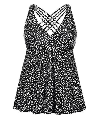 swimsuit for honeymoonLong Plus Size Tankini Top Flyaway Hem For Women-Black And White Dot