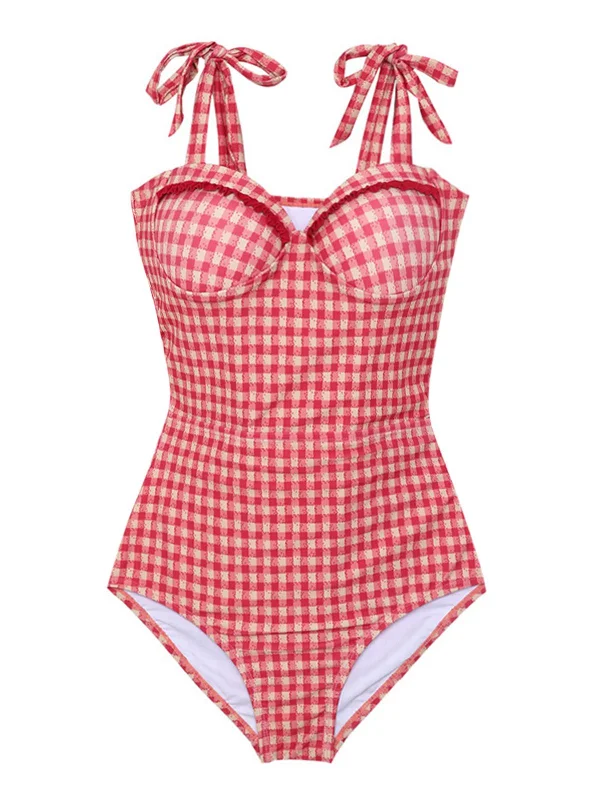 swimsuit with buttonsRed 1950s Checked Back Cut-Out Swimsuit