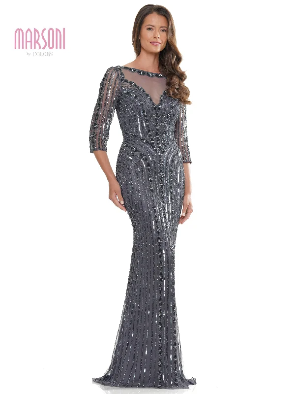 Wrap dresses for womenMarsoni MV1260 Mother of the Bride Long Beaded Mesh Quarter Sleeve Dress