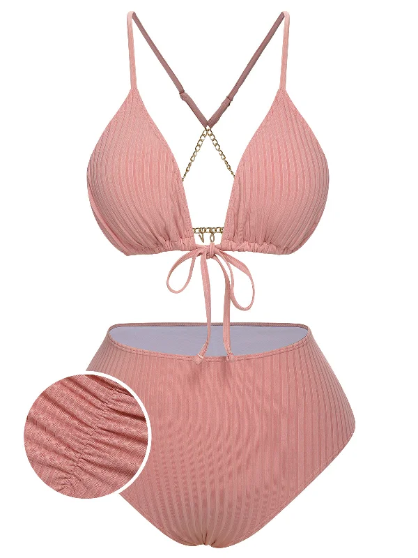 elegant swimsuit[Plus Size] Pink 1950s Solid Pleated Bikini Set