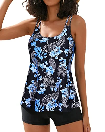 swimsuit for swimming lessonsAthletic Swimsuits Tankini Top Boy Shorts Tummy Control Bathing Suits-Black Floral