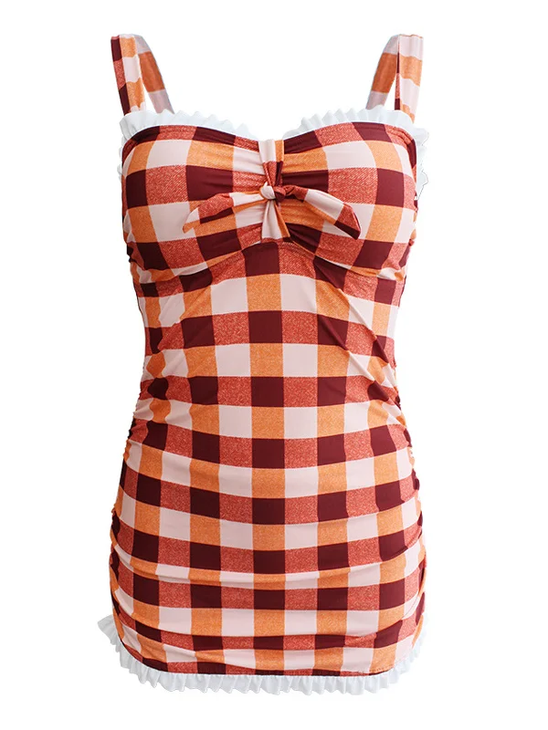 swimsuit for special occasions1950s Plaid Bow Strap Ruffled Tankini