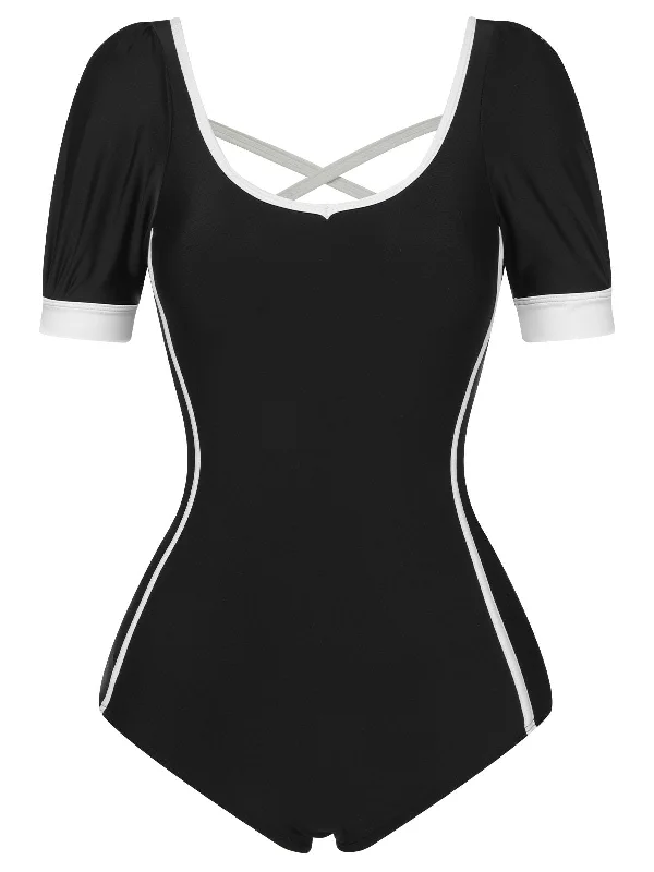 swimsuit for synchronized swimmingBlack 1960s Puff Sleeves One-Piece Swimsuit