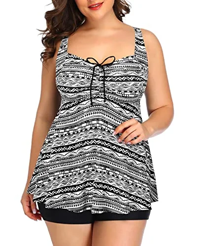 monokini swimsuitCut Out Back Tankini Swimsuits Plus Size Flowy Swimwear For Women Shorts-Black Tribal