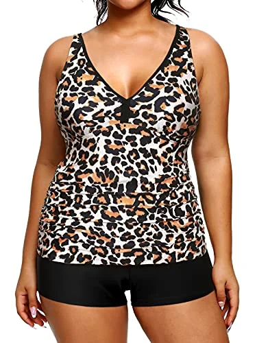 beach swimsuitV Neck Plus Size Tankini Shorts Tummy Control Tankini Two Piece Bathing Suits-Black And Leopard