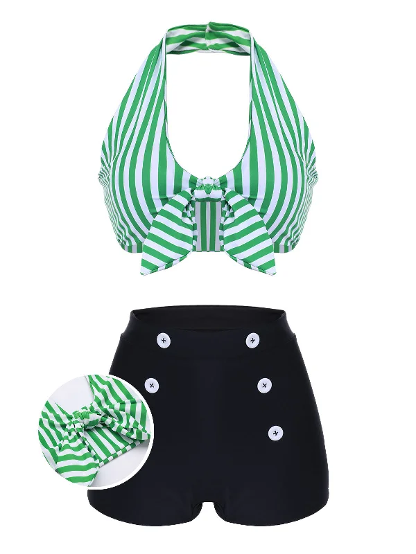 swimsuit for water sports[Plus Size] Green 1950s Retro Halter Stripes Bikini Set