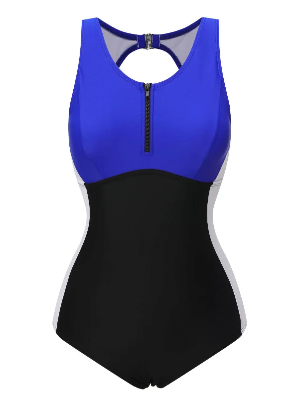 swimsuit for active wearBlue Black White 1930s Color Block Swimsuit