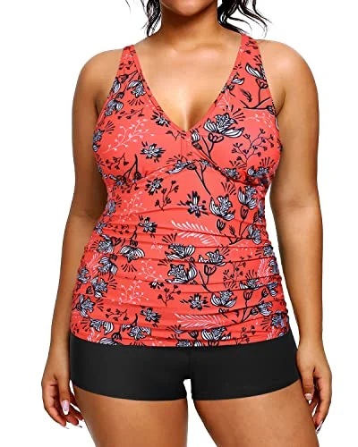 swimsuit with zippersHigh Waisted Plus Size Swimsuits Shorts Tummy Control Tankini Bathing Suits-Red Floral