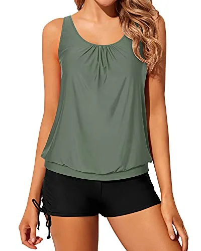 swimsuit for windsurfingWomen 2 Piece Bathing Suits Boyshorts Loose Fit Blouson Tankini Swimsuits-Olive Green