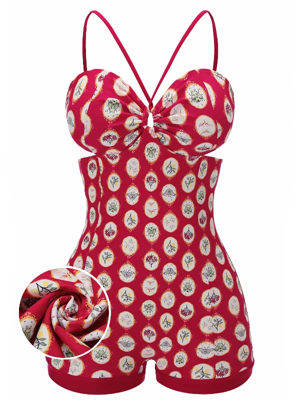 swimsuit with a keyhole backRed 1950s Strap Floral One-piece Swimsuit