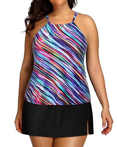 swimsuit for water sportsWomen's Plus Size Tankini Skirt High Waisted Swim Skirt-Color Oblique Stripe