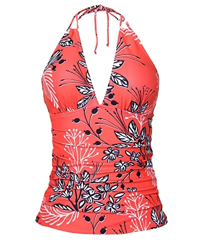 swimsuit with hooks and eyesSlimming Double Strap Front Shirred Open Back Tankini Tops For Women Swimwear-Red Floral