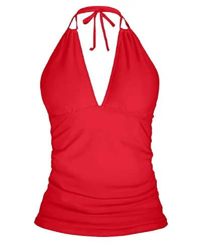 beach swimsuitCute Ruched Design Halter Top Swimsuits For Women-Red