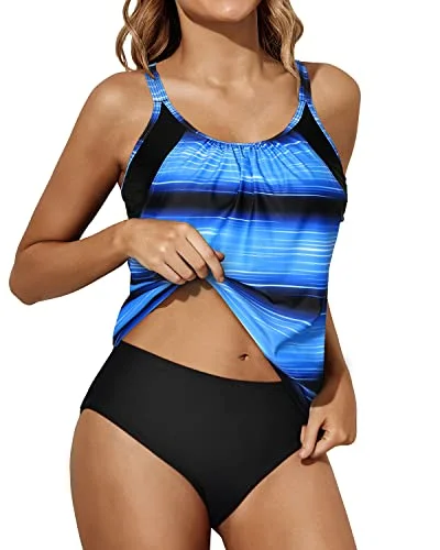 swimsuit with pocketsTwo Piece Tankini Swimsuits Removable Pads Bathing Suits For Teen-Blue And Black Stripe