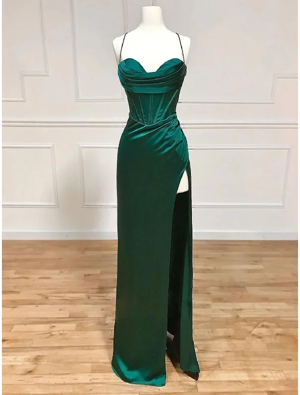 Statement dresses for making a fashion statementSheath / Column Evening Gown Empire Dress Formal Floor Length Sleeveless Spaghetti Strap Satin Backless with Pleats Slit