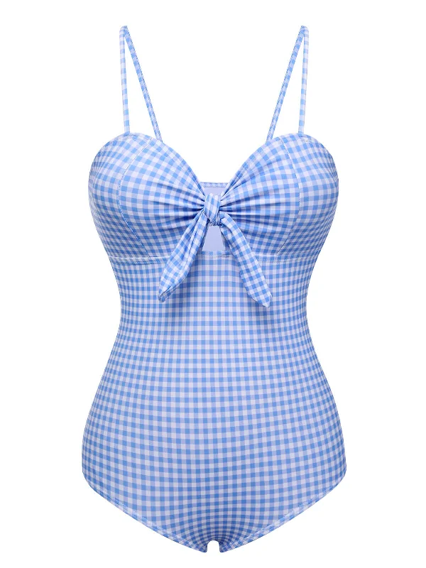 swimsuit with a metallic shineBlue 1950s Plaid Knot Strap Swimsuit