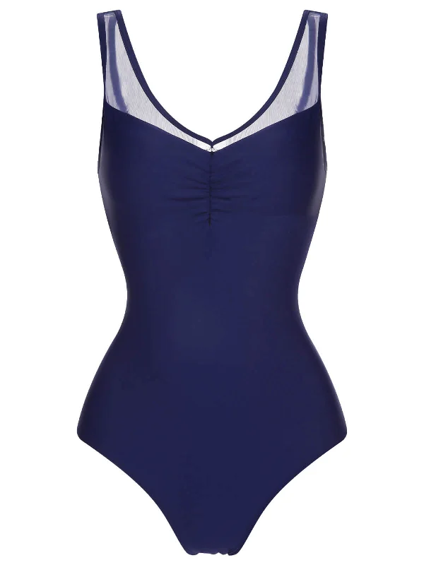 swimsuit with a lace trimDeep Blue 1930s Solid Back Cross Swimsuit