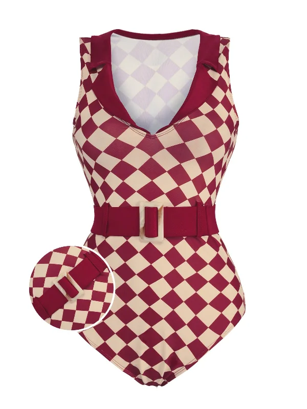 swimsuit for active wear1930s Burgundy Diamond Lapel One-Piece Swimsuit