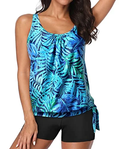 swimsuit cover-upBoyleg Bottoms Padded Bra Tankini Bathing Suit For Women-Dark Blue Green Leaves