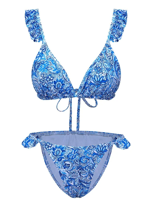 swimsuit with a high waistbandBlue 1950s Paisley Print Ruffle Trim Triangle Bikini Swimsuit