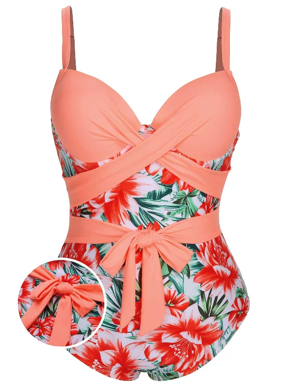 floral-print swimsuit[Plus Size] 1940s Strap Flowers One-Piece Swimsuit