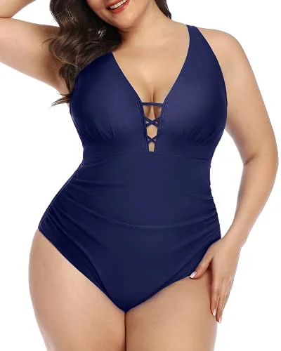 swimsuit with removable cupsPush Up Padded Bra Plus Size Slimming One Piece Swimsuit-Navy Blue