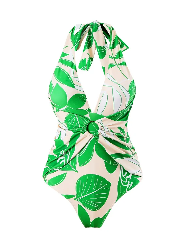 metallic-finish swimsuitGreen 1960s Plant Prints Halter One-Piece Swimsuit