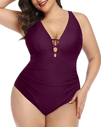 metallic-finish swimsuitDeep V Neck Lace Up Plus Size Slimming One Piece Swimsuit-Maroon