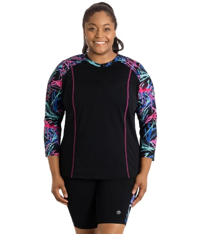 women's swimsuitAquaSport Long Sleeve Rash Guard Sunset Palm Print Black