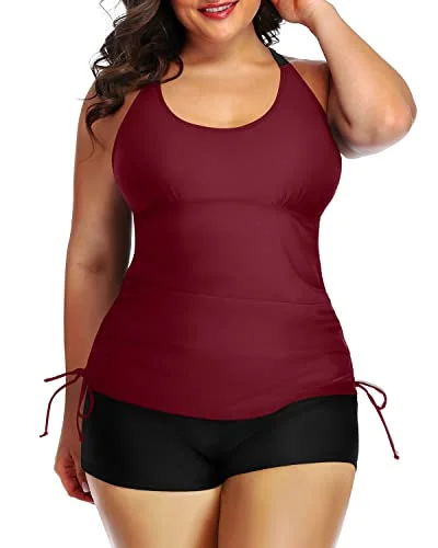 elegant swimsuitPushup Bra Tighten Drawstring Plus Size Tankini Swimsuit-Maroon