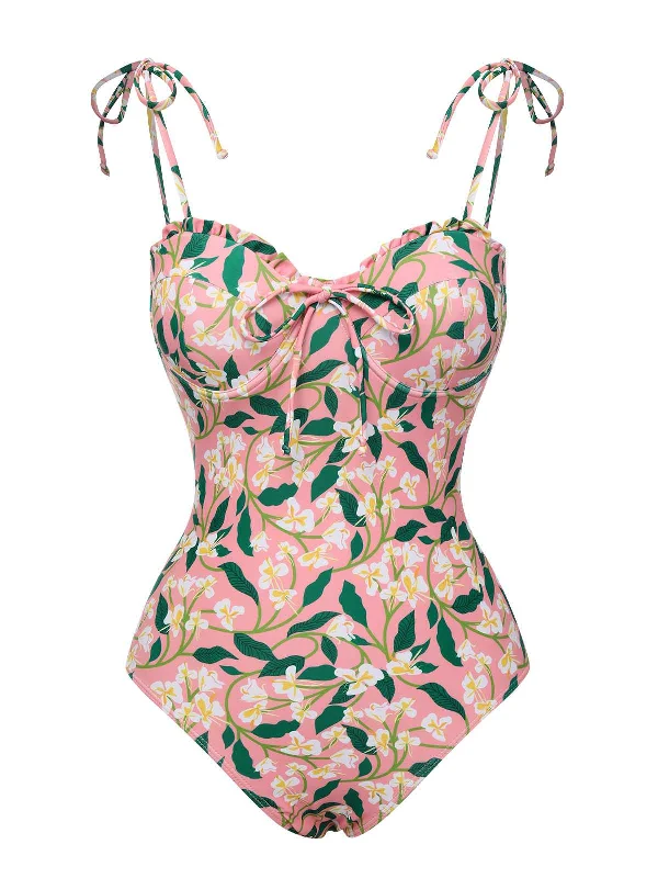 lycra swimsuitPink 1950s Spaghetti Strap Plants Print Swimsuit